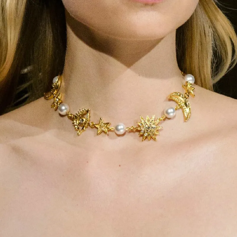 2020 Trendy Gold Color Choker Necklace With Black Faux Pearls