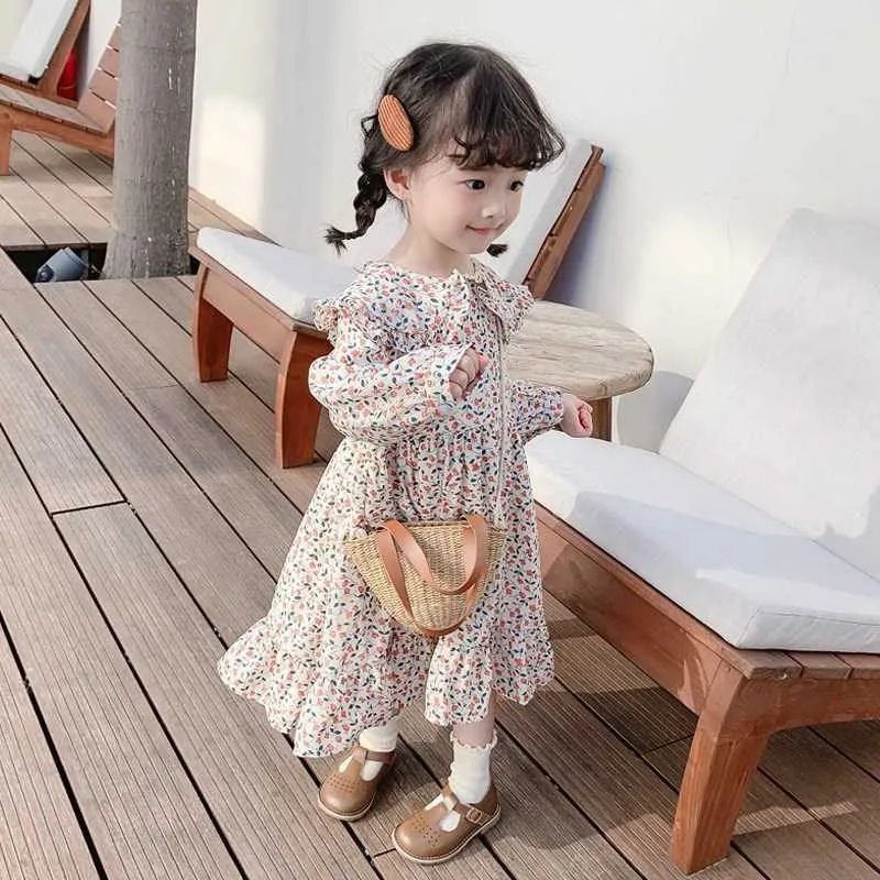 Spring New Baby Girls Floral Chiffon Dresses Children's Long Sleeve Princess Dress Little Kids Cute Ruffles Dress One Piece X522 Q0716