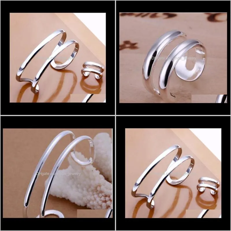 hot new 925 flat silver bracelet ring set opening two lines of fashion jewelry dff0717