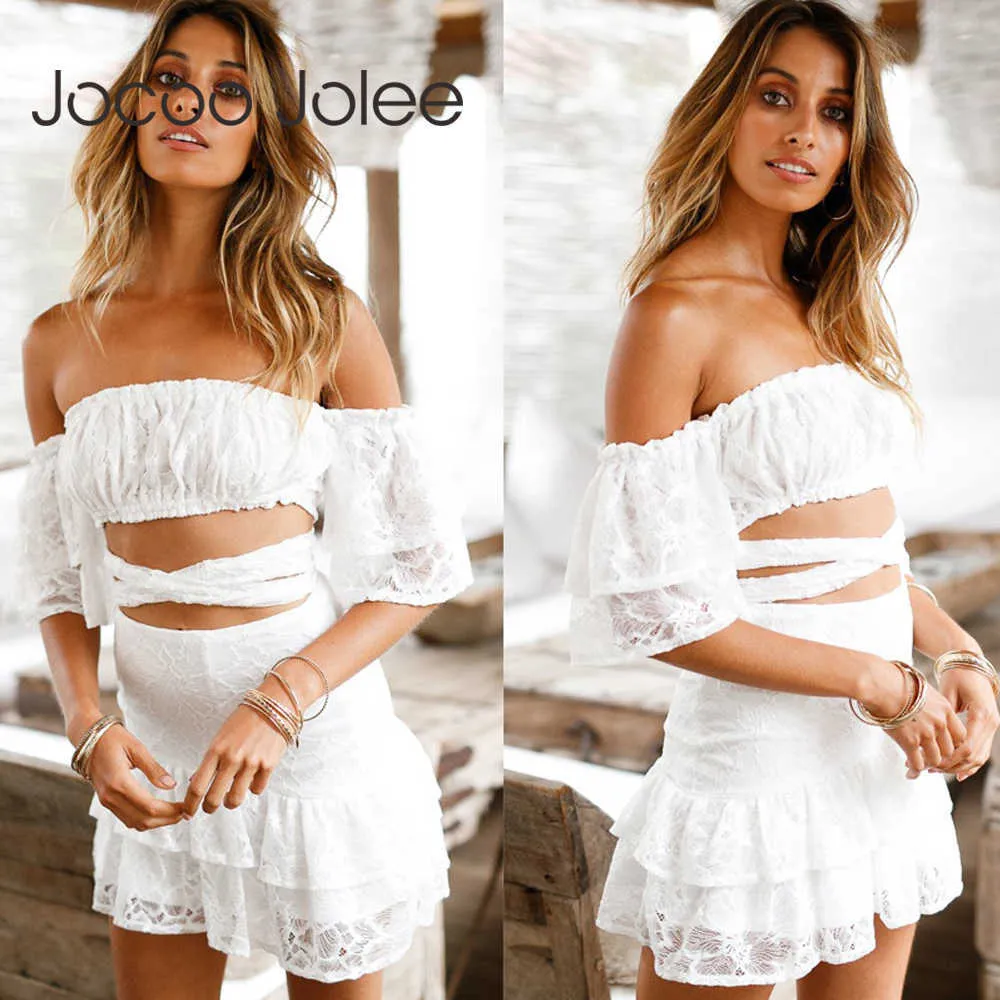 Jocoo Jolee Sexy Lace Women Suits with Sash Neck Tops Sumner Beach Wearing for Women Elegant Evening Party Dress 210619