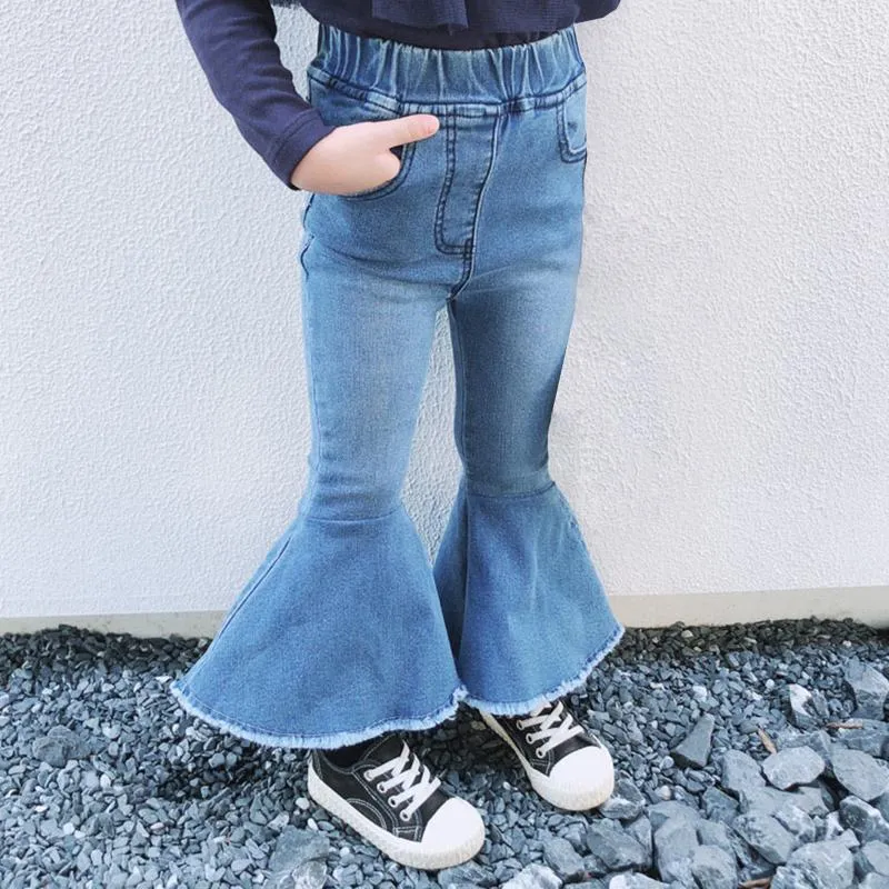 Jeans vårhöst barn tjejer mode barn flare byxor denim byxor hög midja bell-botten ruffle