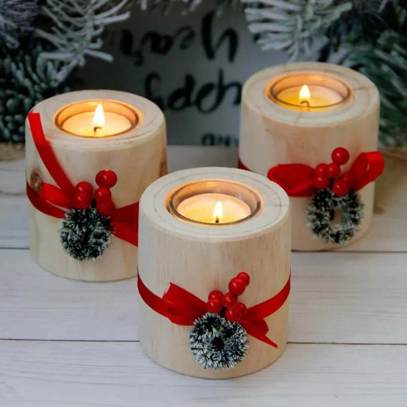 Świeczki Posiadacze Cylinder Kształt Wiatroodporny Drewniany Krajowy Tealight Holder Na Boże Narodzenie Festiwal Domowy Salon Wedding Decor