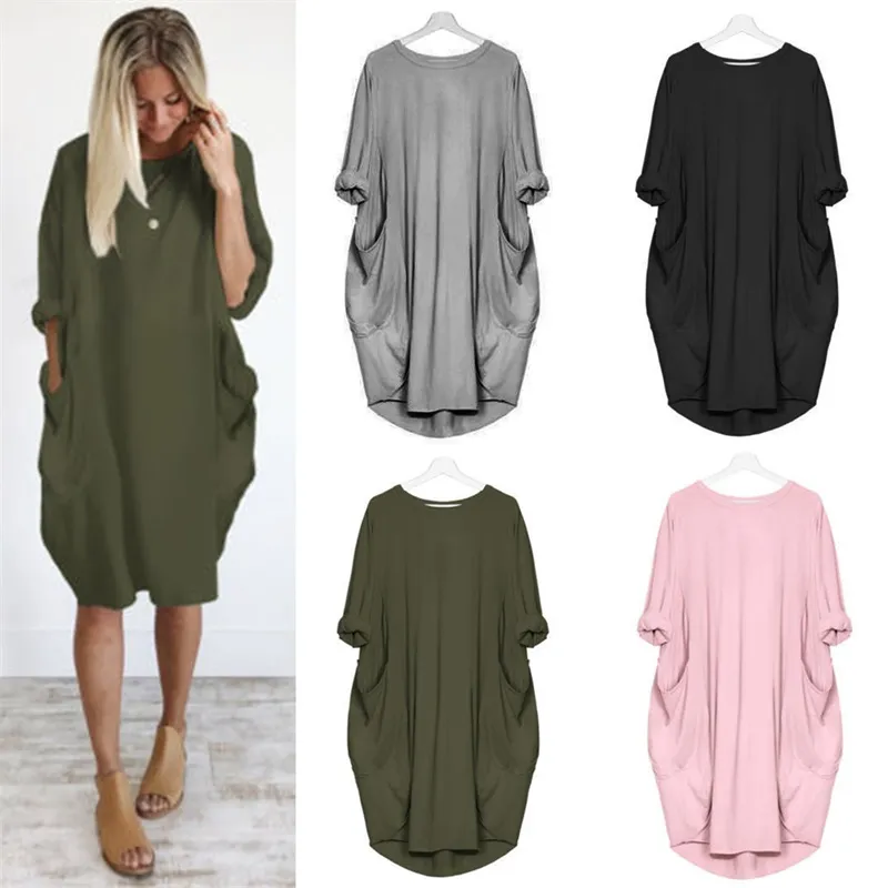 Femme milieu robes à manches longues automne mode couleur unie loisirs col rond poche vêtements pour femmes une pièce jupe 15cf Y2