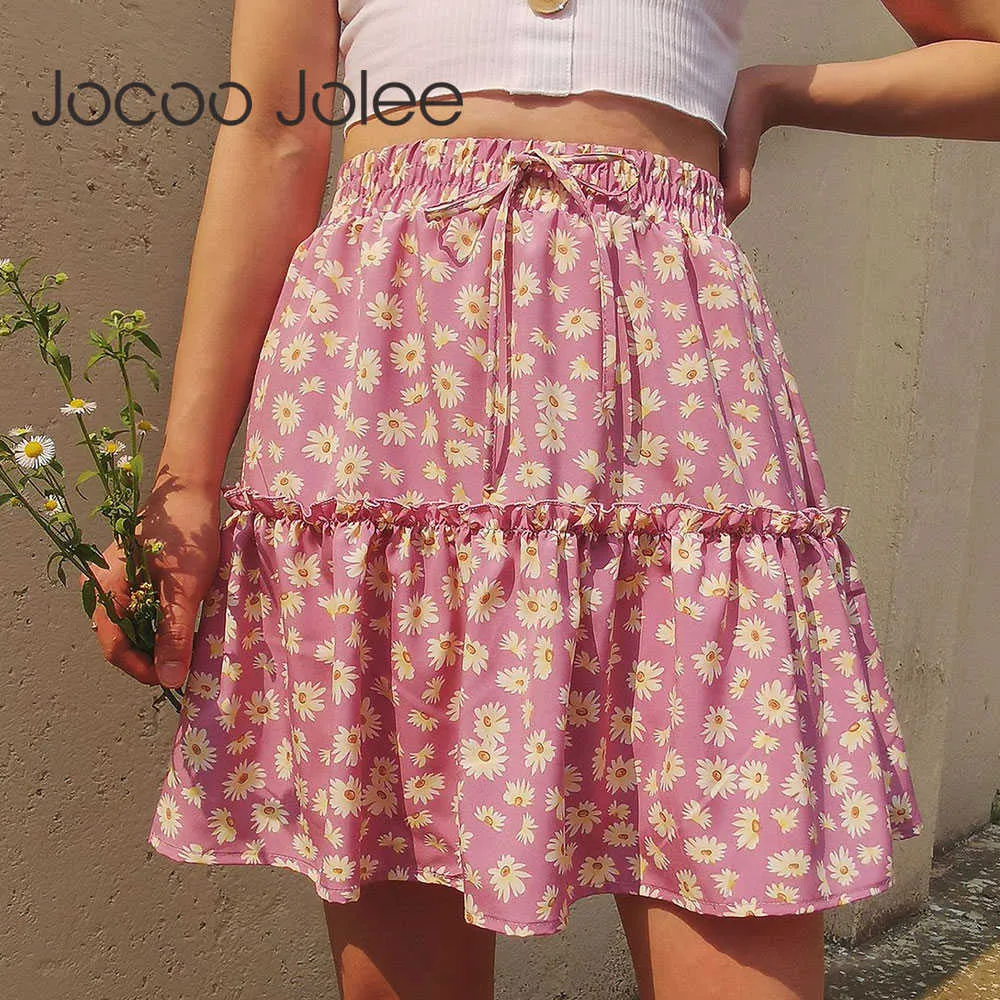 Jocoo Jolee Sommer Boho Blumendruck Minirock Frauen Elegante Rüschen Kurze Röcke Gummizug Taille Lace Up A-Linie Röcke 210619