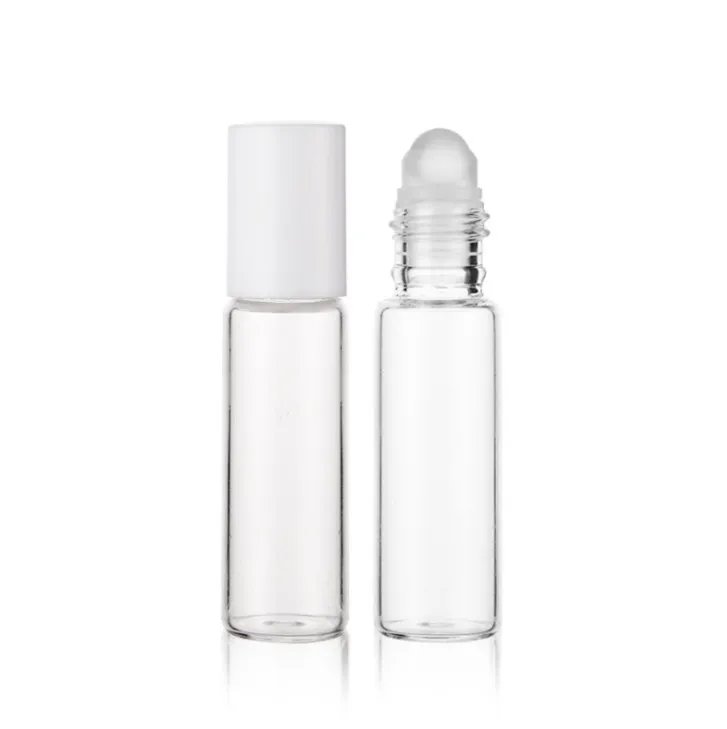 500pcs/lot 10ml White Cap Transparent Clear Glass Roller Bottle Empty Ball Perfume
