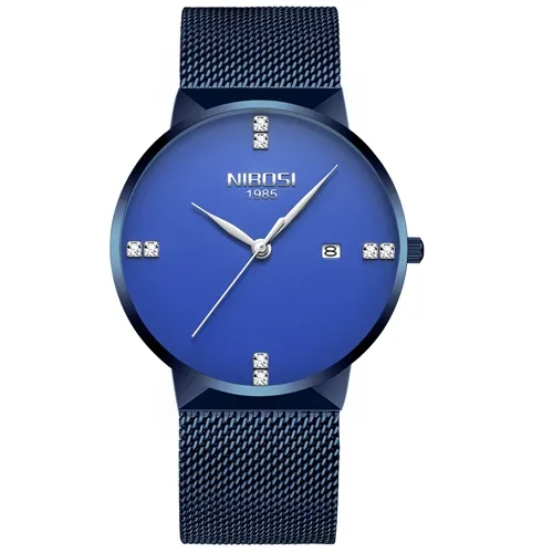 Relógios masculinos NIBOSI, marca de luxo, relógio de quartzo azul, diamantes finos, malha de aço, relógio esportivo à prova d'água Relogio Masculino2022250Q