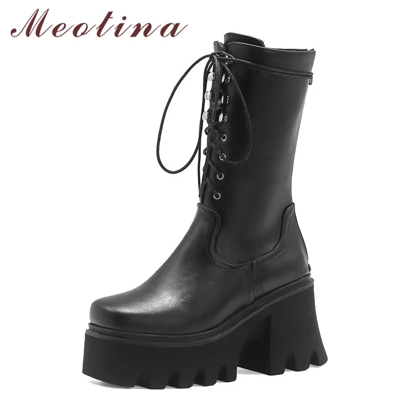 Meotina Stivali al polpaccio Scarpe da donna Piattaforma con cerniera Stivali con tacco alto da donna Stivali con tacco incrociato Stivali punk Donna Nero 44 210520