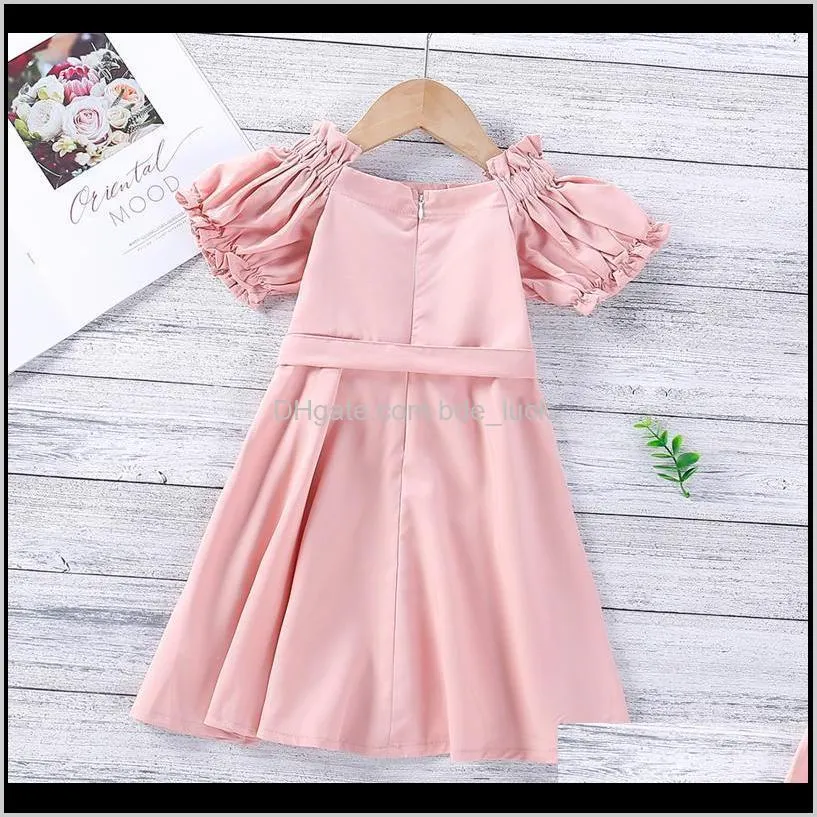 1-6Y Toddler Girls Sweet Dress Pink Solid Puff Sleeve Mid-length Fashion Bow Belt Pleated Boat Neck Bandage Princess Girl`s Dresses