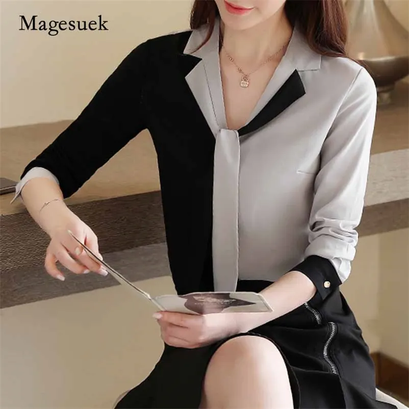 秋の韓国風の長袖シフォンブラウス緩いプラスサイズグレーの女性のシャツVネックレディース服10753 210518