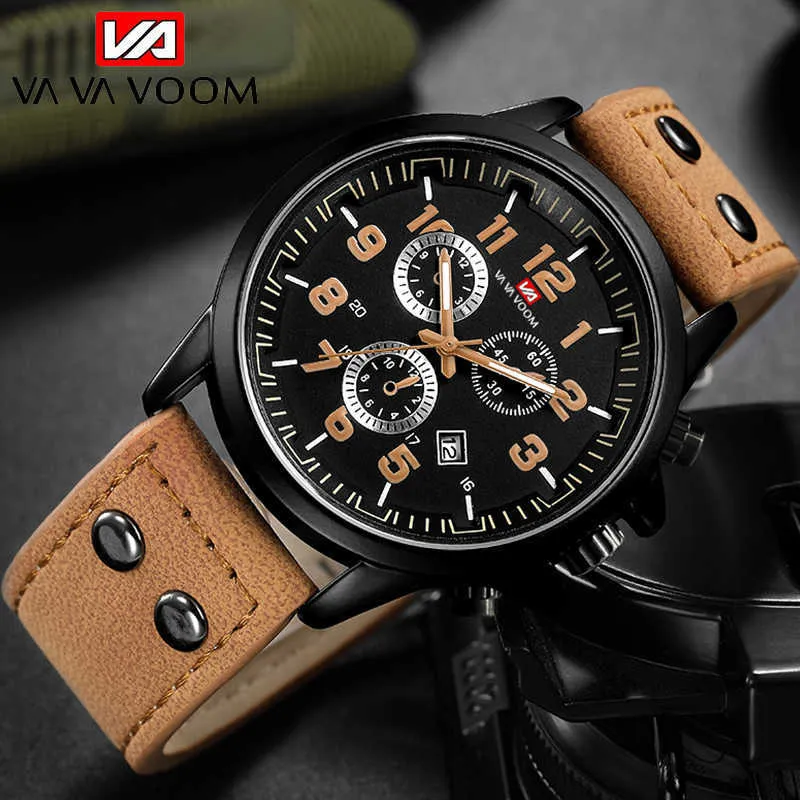 VAVA VOOM Mode Hommes Montres Top Marque De Luxe Militaire Montre À Quartz Premium Respirant En Cuir Étanche Sport Date Montre Hommes G1022