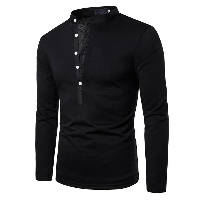 Camicia classica da uomo in tinta unita con scollo a V profondo Polo da uomo con colletto alla coreana di alta qualità a maniche lunghe Camiseta Masculina