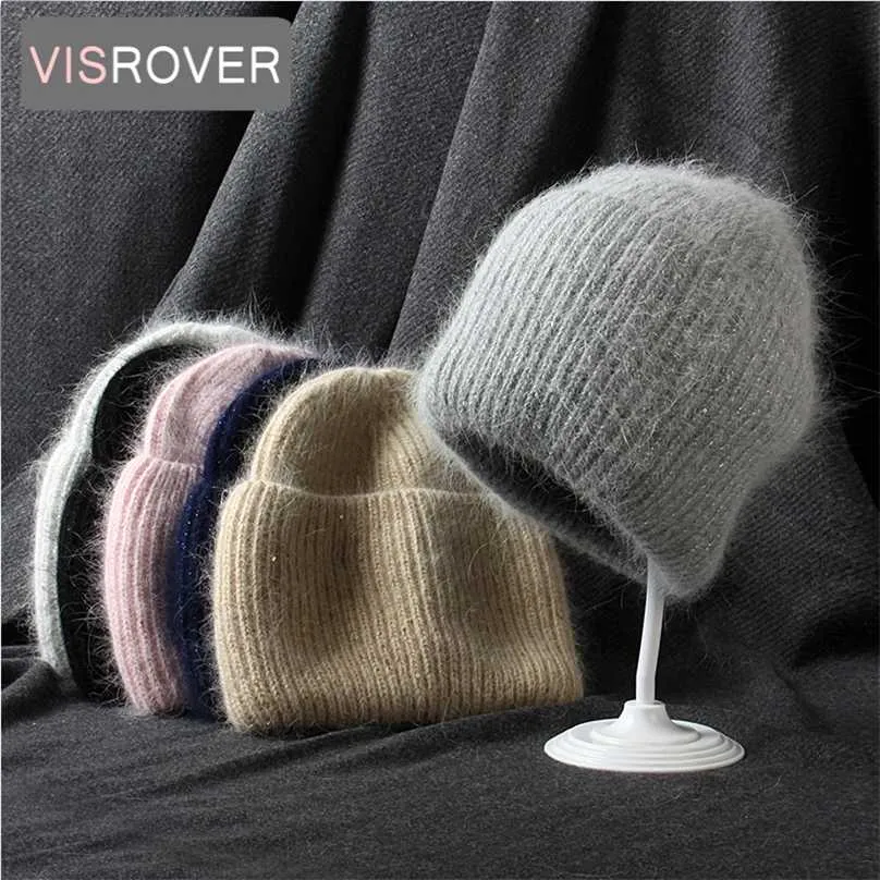 Visrover 6 Färgvägar Kanin Fur Sequin Kvinna Vinter Hat Solid Färg Höstmänniska Matchade Varma Mjuka Bonnet Skullies Gift 211119