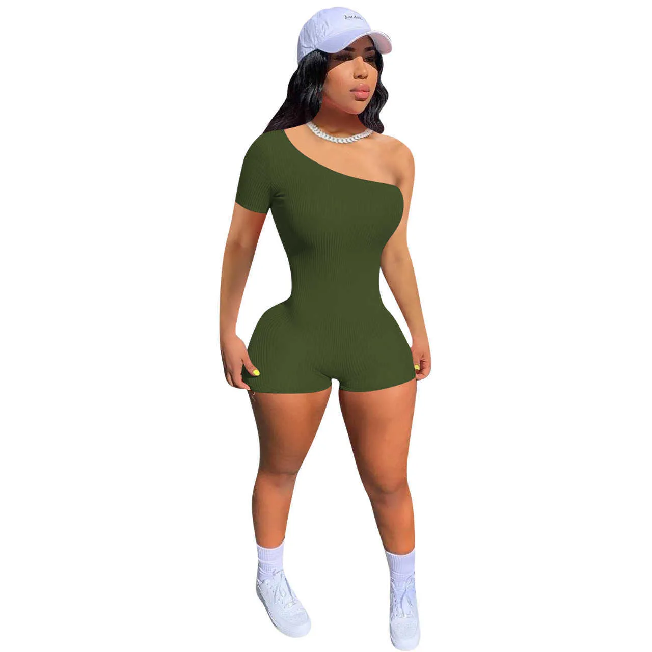 Womens Ribbed One-Shoulder Romper: Spring Summer Jumpsuit
