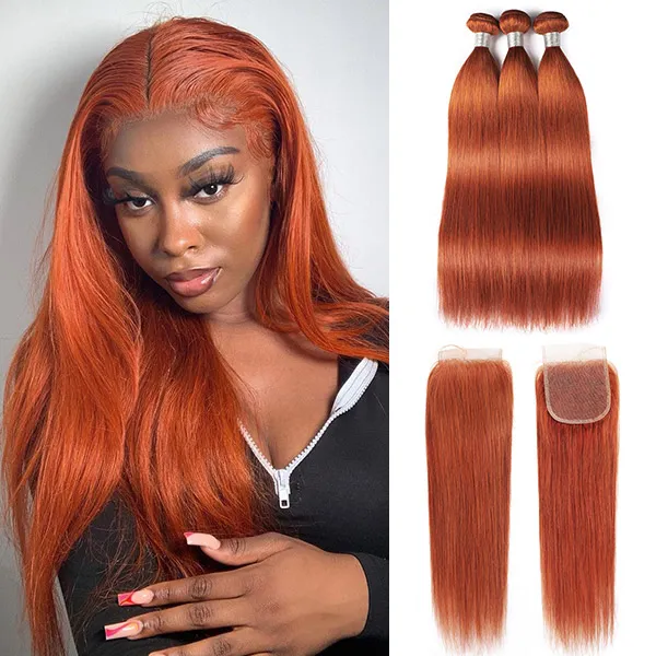 Ishow Brazilian Virgin Weave Extensions Body Wave 8-28inch For Women #350 Silky Straight Wefts Orange Ginger Color Remy Human Hair Bundles with Closure Peruvian