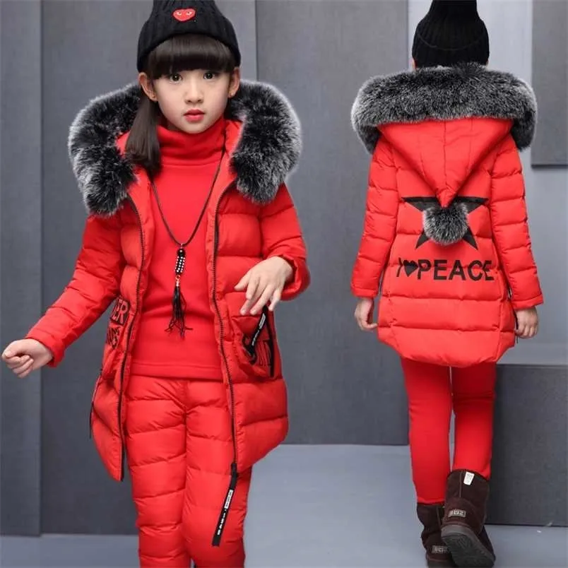 Meisje Winter 3 Stuk Set Jas Kleding voor Rusland Winter Hooded Warme Vest Jas + Warm Top Katoen Broek Jas met Bontkap 211203