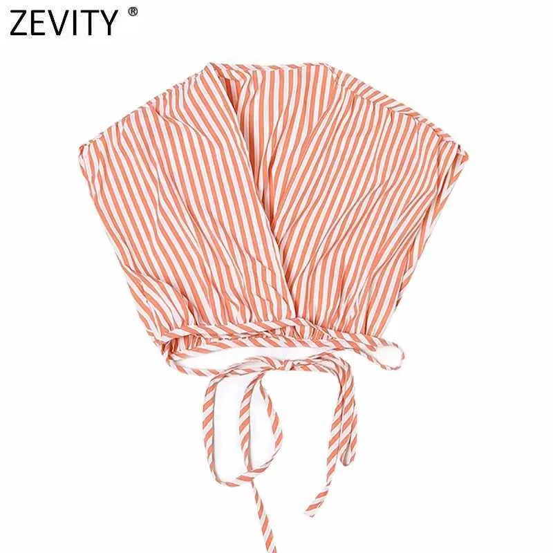 Zevity Women Sexy Deep V Neck Stripe Skriv ut Kort Blus Kvinna Hem Lace Up Bandage Kimono Shirt Chic Blusas Crop Tops LS9283 210603