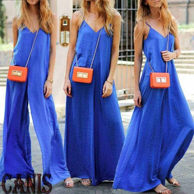 Kvinnors Jumpsuits Rompers Fashion Blue Women Jumpsuit Sexig Romper Casual Loose Long Byxor Bodysuit Clubwear Playsuit M XXXL