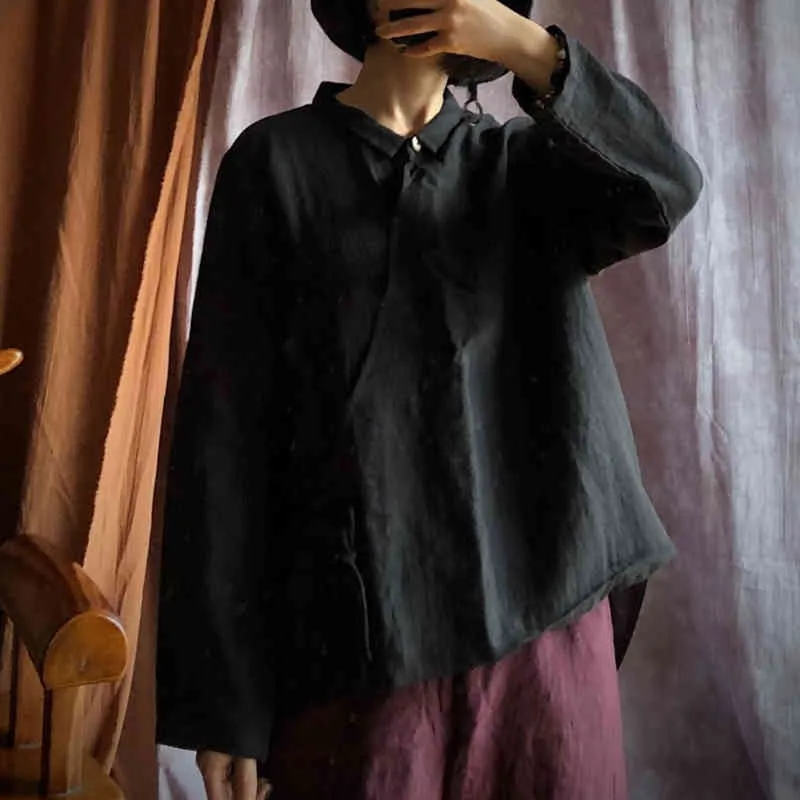 Joilature Vintage Полный рукав Blackd Рубашки с разворотом Воротник Осень Свободные Женщины Блузки All- Соответствующие Кины Стиль Топы 210521
