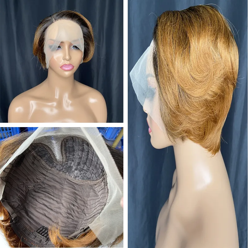 Perruque courte coupe lutin Bob vague de corps perruques de cheveux humains Transparent T partie dentelle perruques pour les femmes pré-plumées naissance des cheveux naturelle