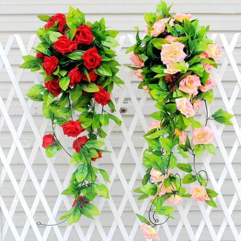 Ghirlande di fiori decorativi All'ingrosso-2.45m Ghirlanda di rose artificiali Ghirlande di piante di fiori di vite di seta Ghirlande di piante di edera per la casa Decorazioni floreali