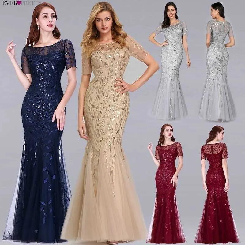 Abiti da sera formali Ever Pretty Mermaid O Neck Manica corta Appliques in pizzo Tulle Abiti lunghi da festa Robe Soiree Sexy SH190828