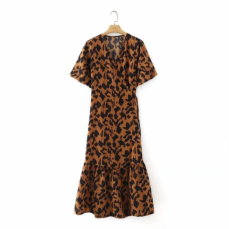 Summer Women Leopard Print Cross V Neck Wrap Midi Dress Female Short Sleeve Clothes Casual Lady Loose Vestido D7531 210430