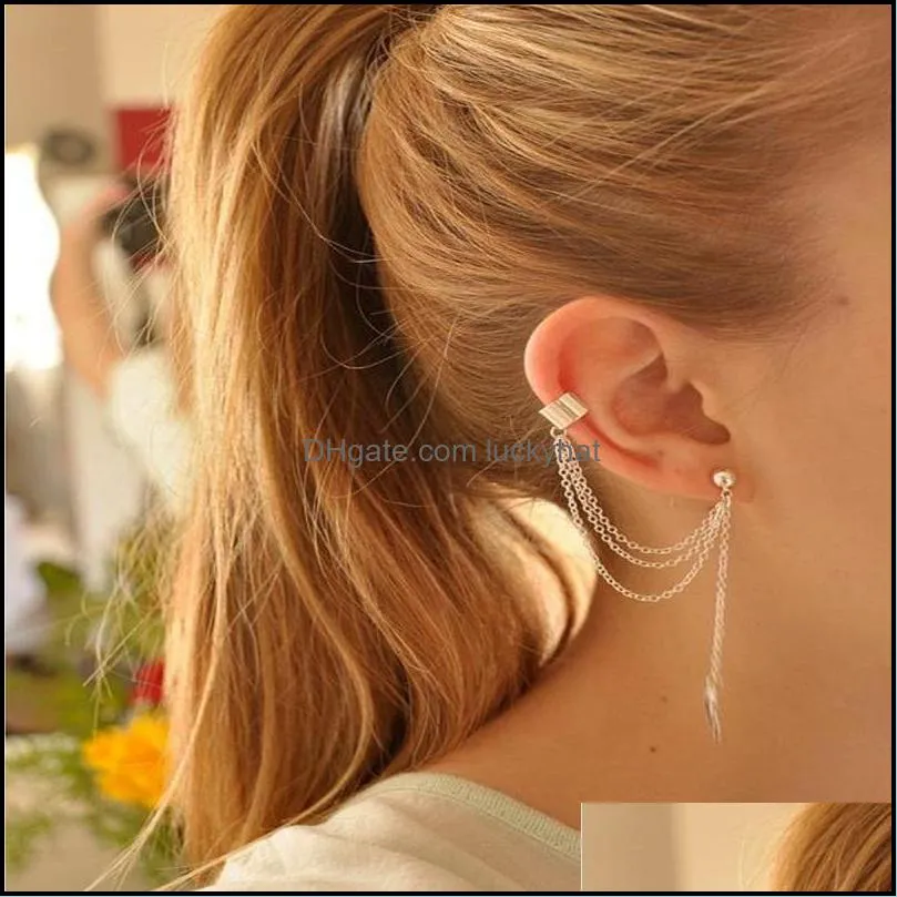 Women Dangle/Drop Earrings Ear Clip Line Jewelry Leaf Pattern Unique/Asymmetrical Design Mental Boho Ear Cuff Tassel Earring