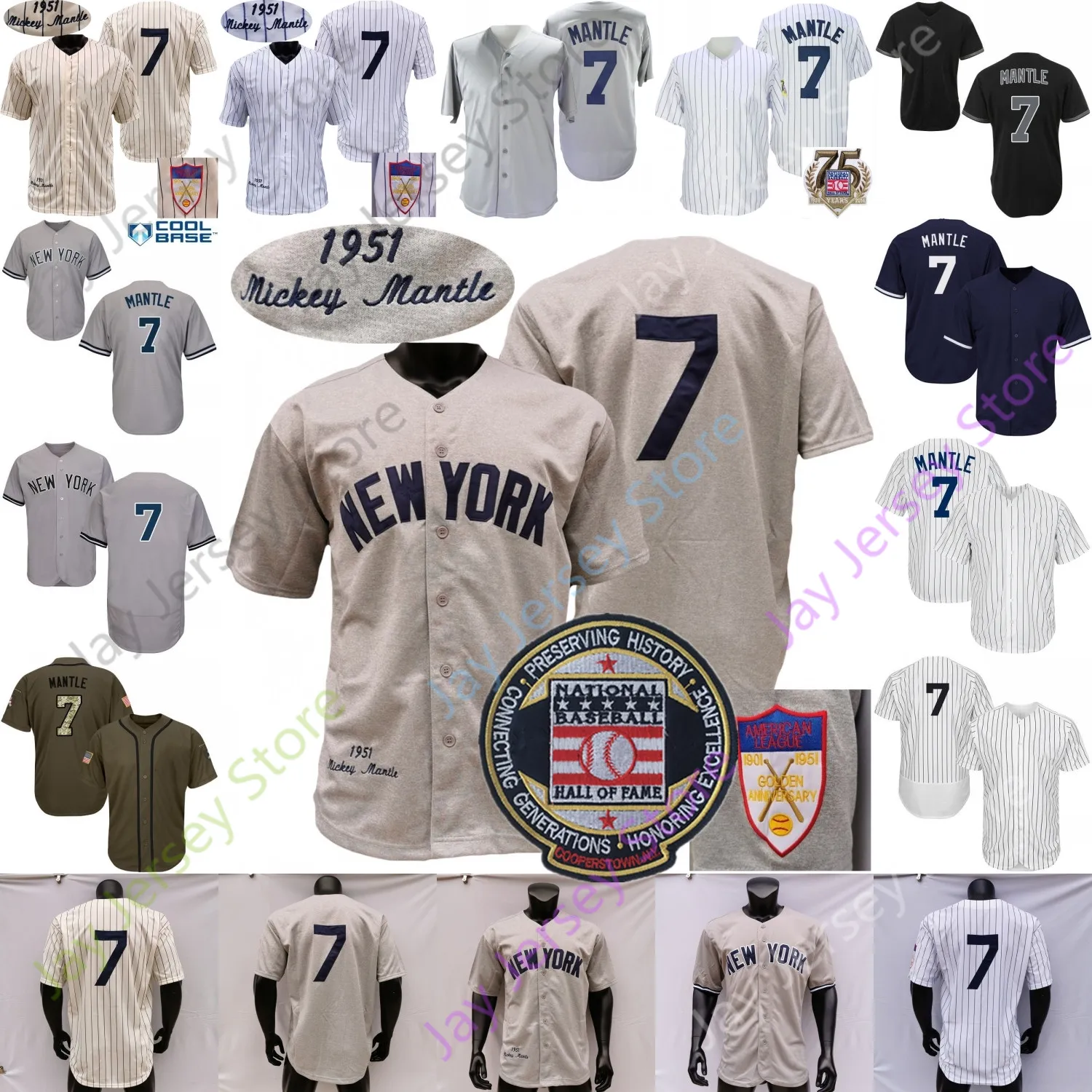 Mantle Jersey 1951 Biała kremowa prążkowana szara naszywka Baseball Hall Of Fame Home Away Szary czarny pulowerowy guzik Wszystkie szyte