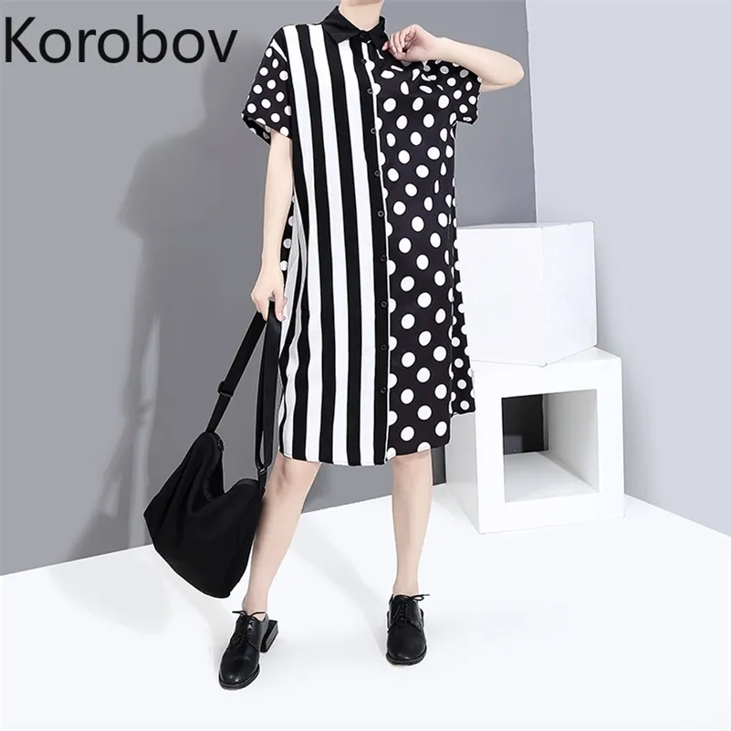 Korobov sommar ny chic träff färg patchwork streetwear klänning polka dot randiga retro klänningar koreanska hajuku vestidos mujer 210430