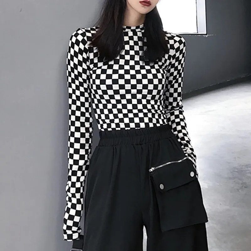 Black & White Checkered Mesh Long Sleeve Mock Neck Cropped Top Womens T
