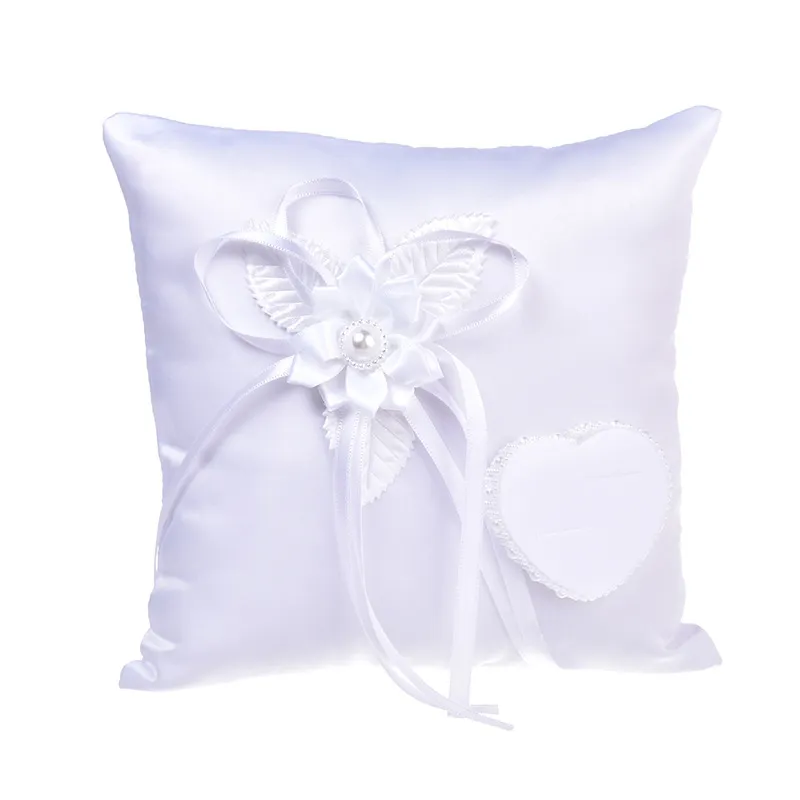 White Wedding Ring Pillow Heart-shaped Holding Floral Satin Cushion Party Suppliers High Quality Decoration