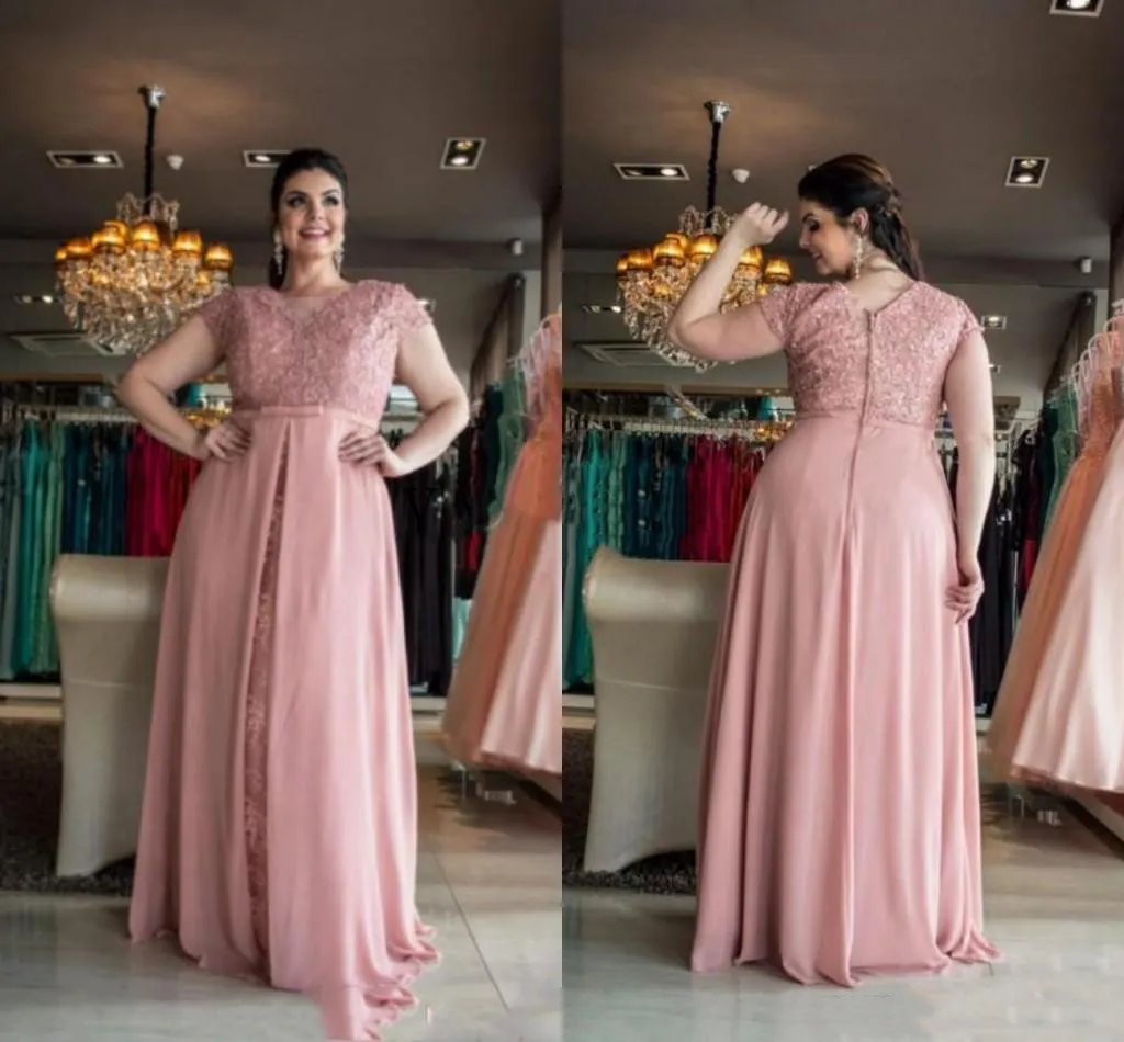 Blush plus size mãe dos vestidos da noiva 2021 manga curta rendas chiffon chão comprimento longo mulheres mulheres casamento vestidos de convidado