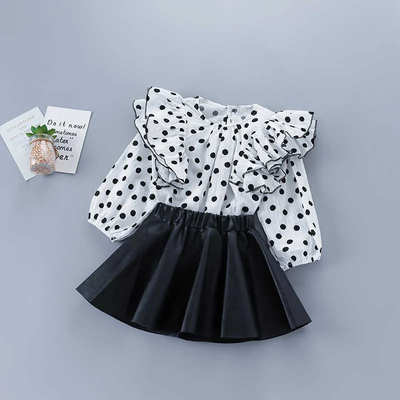 2-7 Jahre hochwertiges Mädchen-Kleidungsset Herbstmode Polka Dot Solid Shirt + Lederrock Kind Kinder 210615