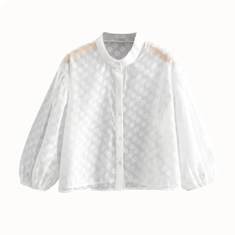 Tatlı Puantiyeli Baskı Kırpma Üst Yarım Kollu Şeffaf Tasarım Beyaz Bluzlar Kadın Rahat Şık Kısa Tops 210430