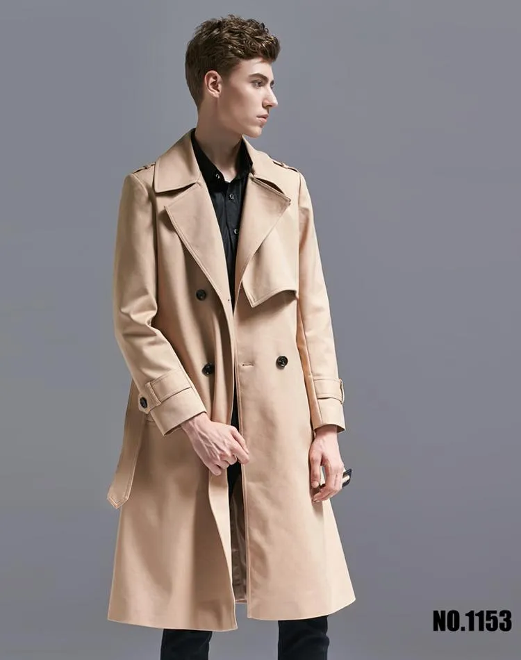 Klasik Erkekler Khaki Uzun Uzunluk Trençkot Sonbahar/Kış Tasarımı İngiltere Nedensel Bezelye Erkek Çift Göğüslü Palto Paltolar