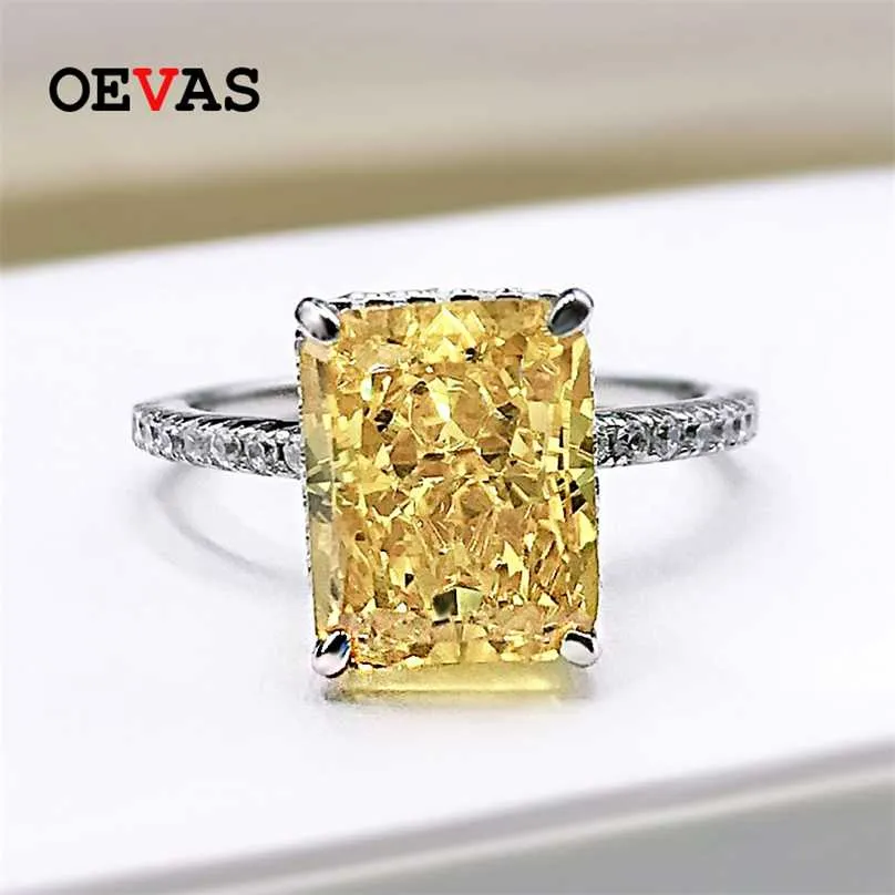 OEVAS 100 % 925 스털링 실버 8 * 10mm 노란색 핑크 아쿠아 마린 높은 탄소 다이아몬드 복사 컷 반지 여성 파티 파티 쥬얼리 211217