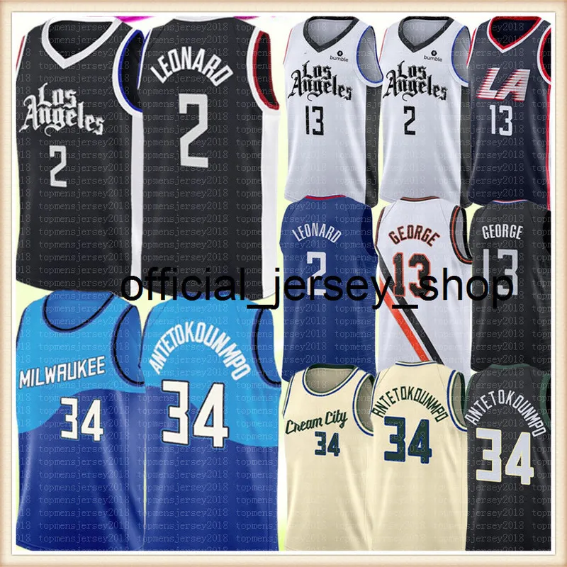 Kawhi 2 Basketball Leonard Jersey Giannis 34 Antetokounmpo Jerseys Mens Paul 13 George Jersey Black White Blue Green S-XXL