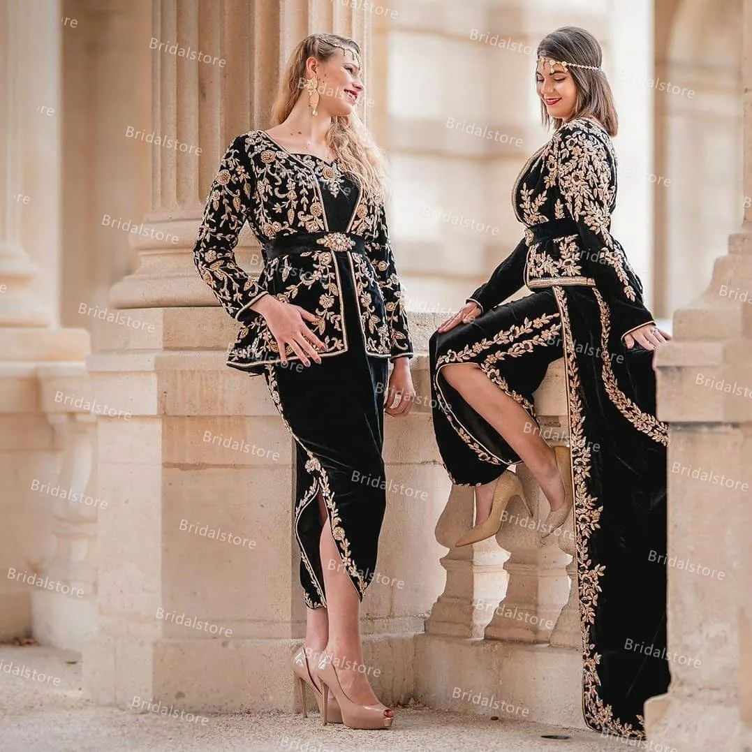 Traditionnelle Karakou Algérie Noir Robes De Soirée Avec Train Détachable 2021Dubaï Musulman Or Rose À Manches Longues Robe De Bal Robe De Soirée Robe De Soirée