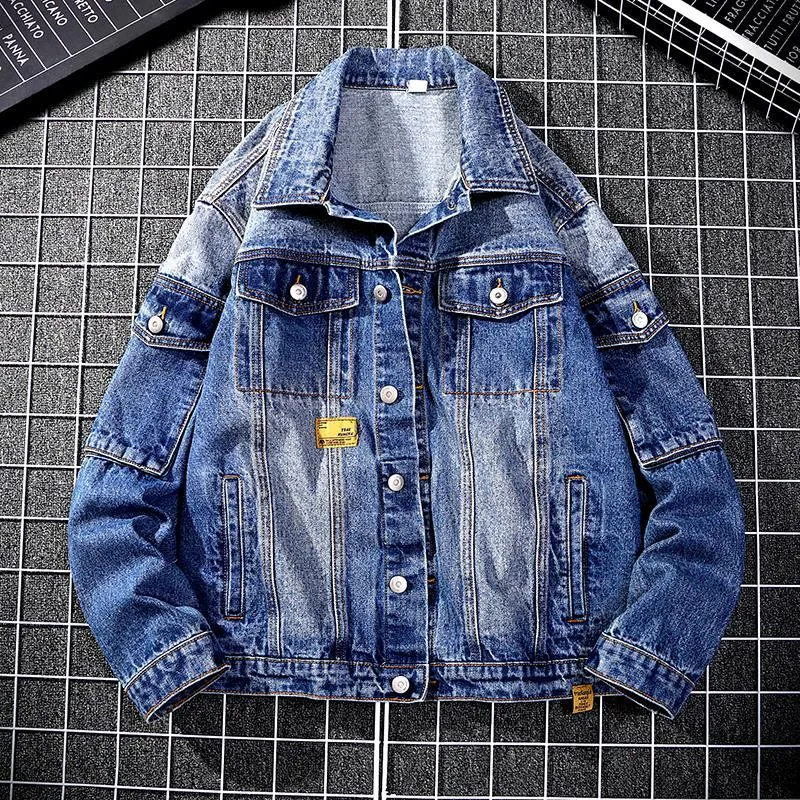 Mäns Jackor 2021 Högkvalitativ Multi-Pocket Tooling Denim Jacket Lossa Casual Washed Cargo Jeans Cowboy Outwear Coat