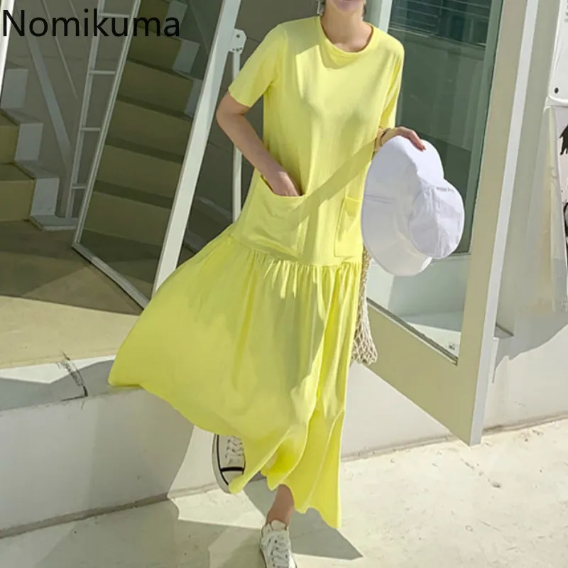 Nomikuma O Cou À Manches Courtes Casual Mode Robe Femmes Solide Couleur Lâche Robes D'été Femme Style Coréen Vestidos 3b404 210514