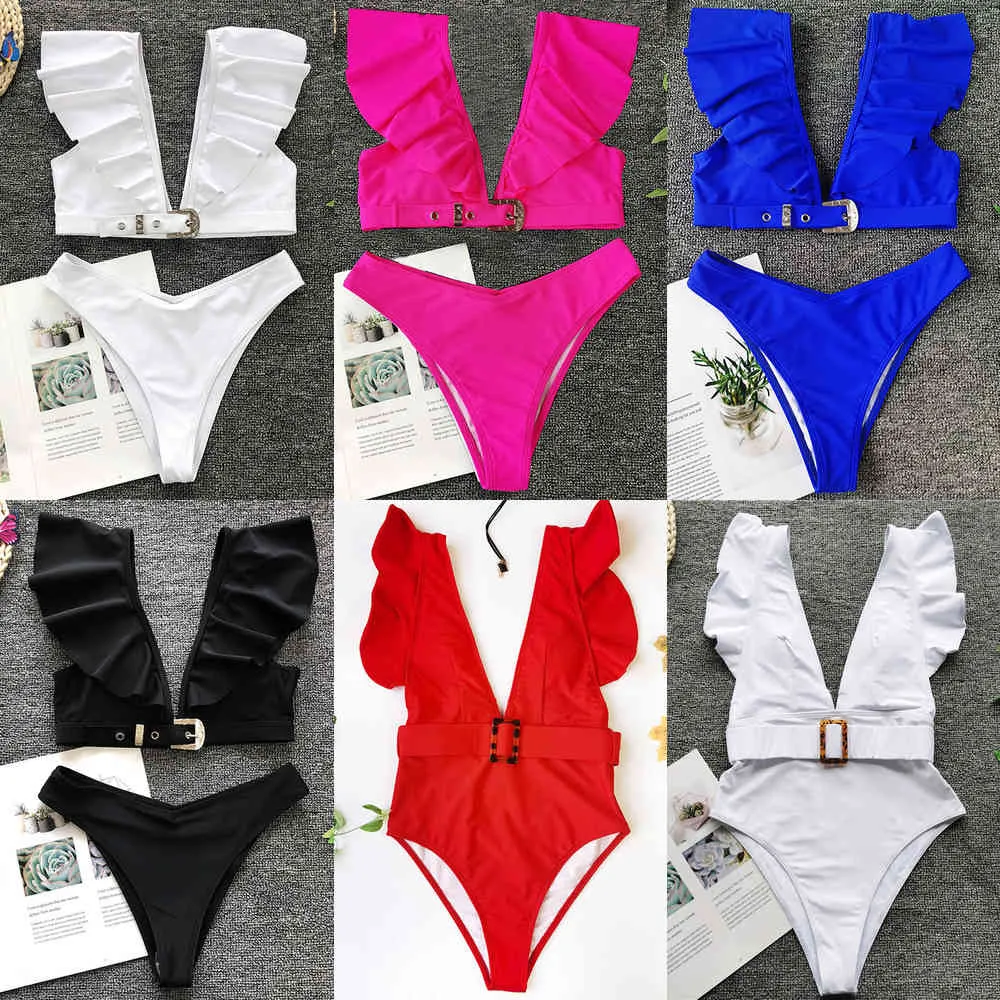 2021 Neon profundo V Neck Mulheres Swimwear Ruffled Bikini Cintura Alto Swimsuit Feminino Fivil Bildeiro Biquini Bather Bathing Terno SwimX0523