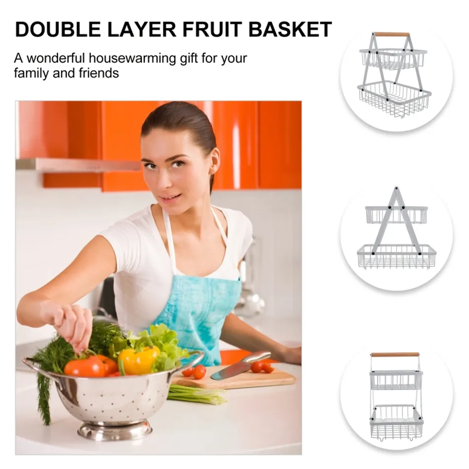 2-Tier Metal Fruit Basket Countertop Storage Rack Detachable Bread Vegetable Fruits Bowl Snacks Holder for Kitchen Dining Room Organizer