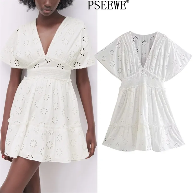 White Short Dresses Woman Summer Floral Cutwork Embroidery Sleeve Women Casual Ruffle Mini 210519