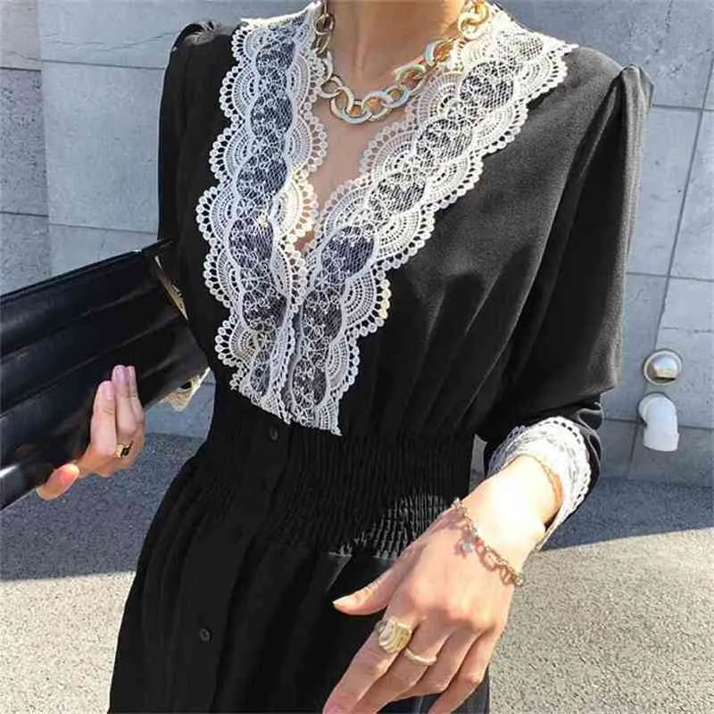 Chic vintage vestido negro mujer cintura delgada con cuello en v tela de manga larga vestidos elegantes mujer vestidos coreanos mujer primavera 210603
