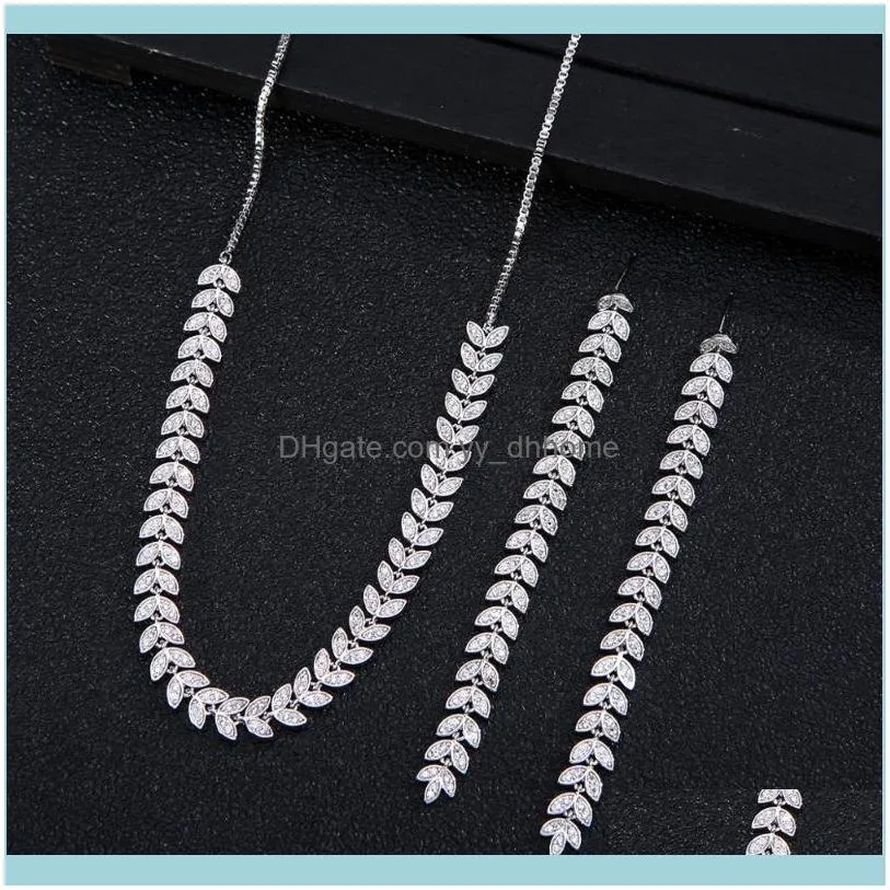 Earrings & Necklace Luxury Cubic Zirconia Wedding Jewellery Sets For Women Wheat Olive Branch Leaf African Dubai Brides2pcs Jewelry