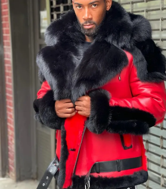 Red Leather Mens Leather Winter Coat With Thicken Velvet Fur Collar Hooded Zipper Color Block Patchwork Fashionable And Stylish From Cinda01 59.5 DHgate.Com