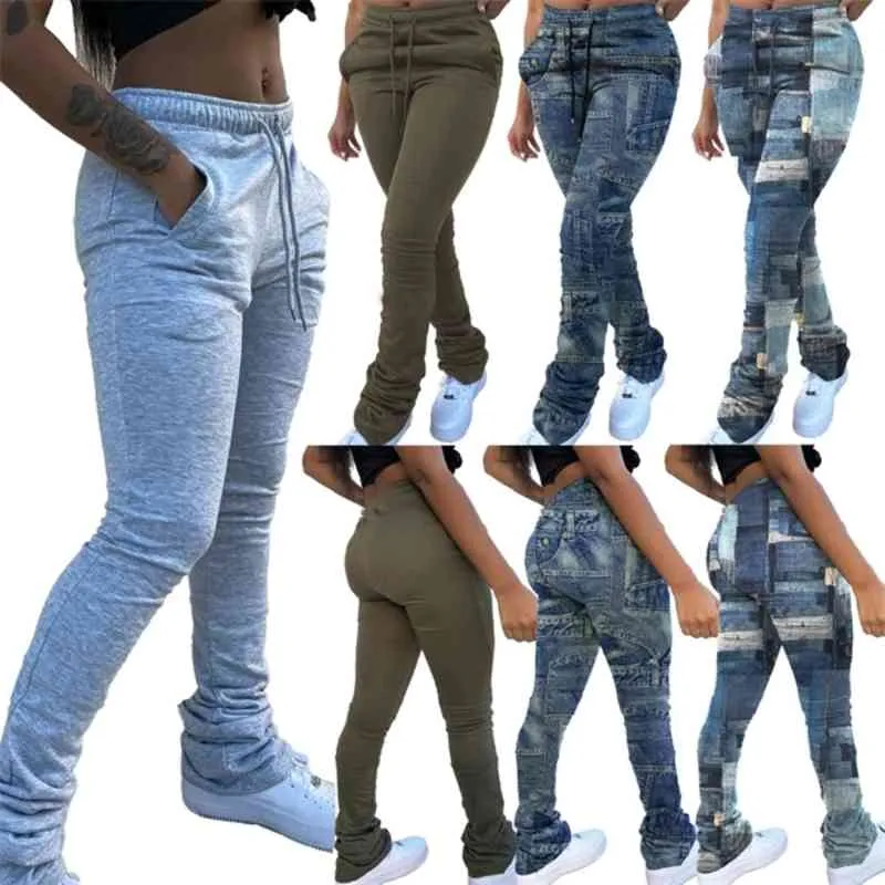 Vrouwen Nep Jeans Print Gestapelde Broek Legging Hoge Taille Flare Bell Bottom Ruches Broek Gedrapeerde Jogger Sport Joggingbroek Q0801