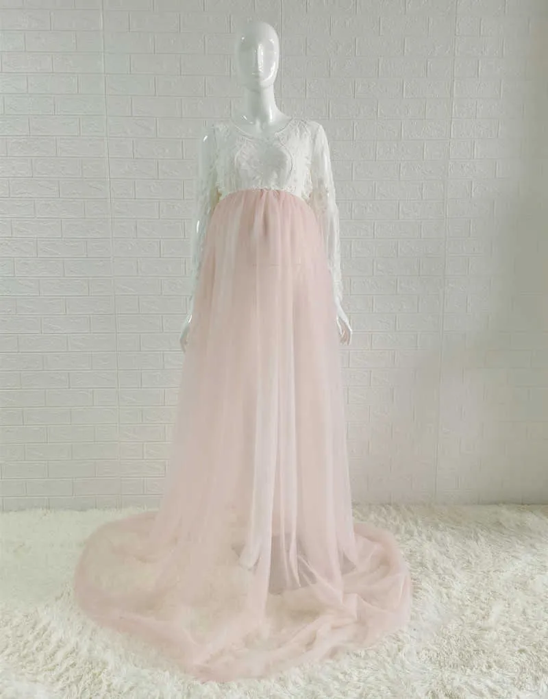 Stylish Crochet lace Tulle pink lace maternity dress for Pregnancy Photography - Long Length (Q0713)