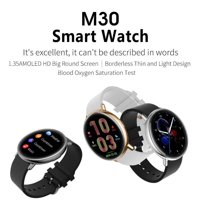 2021 nouvelles montres intelligentes M30 plein écran tactile Sport Fitness montre IP67 étanche longue batterie lecteur de musique Bluetooth pour Android ios smartwatch hommes boîte