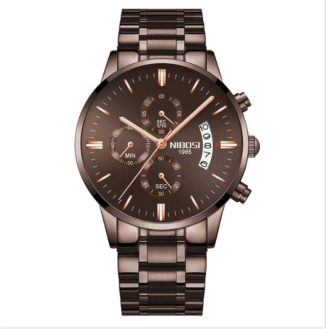 NIBOSI Brand Quartz Chronograph Stopwatch Fine Quality Mens Watches Stainless Steel Band Watch Luminous Date Life Waterproof Wristwatches